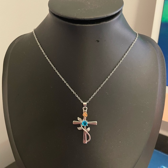 Stylish Silver Necklace with Blue and Gold Cross Pendant - Picture 6 of 7